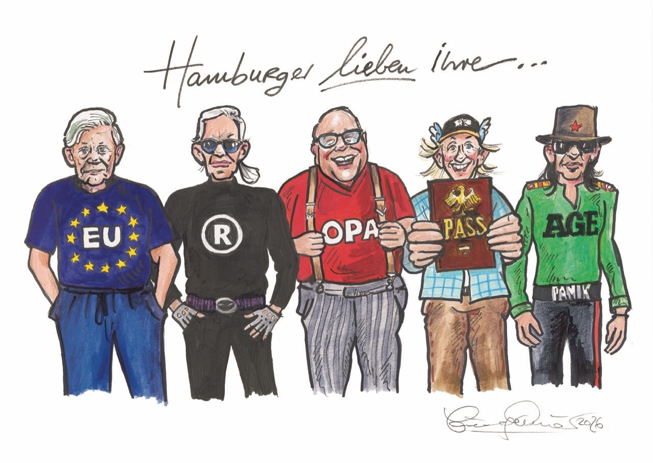 Das Originalwerk „Hamburger lieben ihre …“ von Jörg Knör vereint bekannte Hamburger Persönlichkeiten in humorvollen Karikaturen und wird im Rahmen der Charity-Kunstauktion zum 20-jährigen Jubiläum der Europa Passage versteigert.
